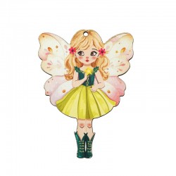 Wooden Pendant Fairy w/ Flowers & Star 56x75mm