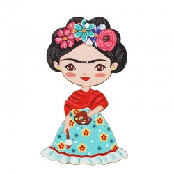 Wooden Pendant Frida Kahlo w/ Flowers 52x90mm
