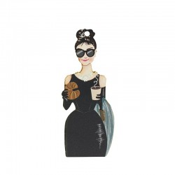 Wooden Pendant Woman w/ Sunglasses Croissant &Coffee 35x82mm