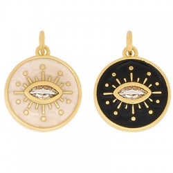Brass Charm Round Evil Eye w/ Enamel & Zircon 15mm