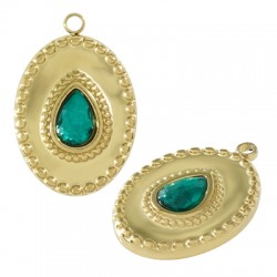 Ciondolo Ovale in Acciaio Inossidabile con Goccia e Strass 14X18 mm