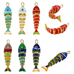 Ciondolo in Ottone Smaltato a Forma di Pesce con Zircone 10X39 mm