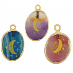 Breloque Ovale en Agate avec lune et Étoiles 16 x 21 mm