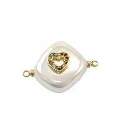 Fresh Water Pearl Connector Rhombus Heart with Zircon ~20mm