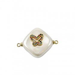 Conector de Perla de Nacar Rombo con Mariposa de Metal con Circon 15mm