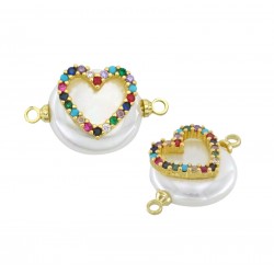 Connettore di Perla di Madreperla Rotondo con Cuore Zirconi 14mm