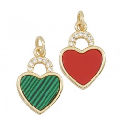 Brass Charm Heart with Zircon & Shell Base 18x12mm