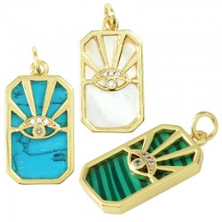 Brass Charm Tag with Evil Eye Zircon & Shell Base 22x12mm