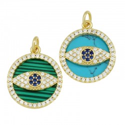 Brass Charm Round with Evil Eye Zircon & Shell Base 17mm