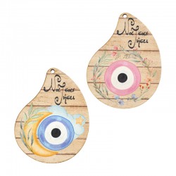 Wooden Pendant Drop with Evil Eye 62x80mm