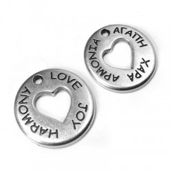 Ciondolo in Metallo Zama Rotondo con Cuore e Auguri 20mm