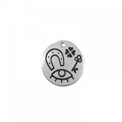 Breloque Ronde en Zamak avec fer à Cheval et œil Maléfique 25 mm Ø1.7 mm