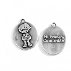 Colgante de Metal Zamak Chico con frase  "Mi Primera Comunion" 18x21mm