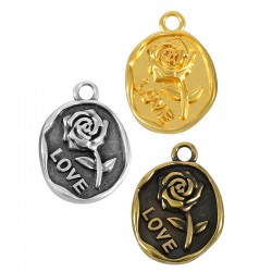 Ciondolo in Zama Ovale con Rosa e Scritta "LOVE" 15x21mm