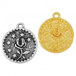 Breloque Ronde Martelée en Zamak avec Fleur de rose et Étoiles 18 mm