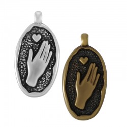 Colgante de Metal Zamak Ovalado con Mano y Corazón 12x21mm
