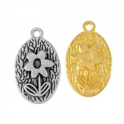 Breloque Ovale en Zamak avec Fleur 13 x 19 mm