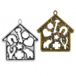 Pendentif en Zamak en Forme de Maison « ΚΑΛΗ Χρονια » avec Symboles Porte-Bonheur 50 x 52 mm