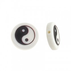 Perle Ronde Plate en Résine avec Yin & Yang 15 mm
