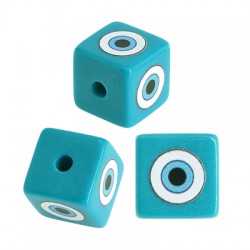 Acrylic Bead Cube with Evil Eye 15.5mm Ø3mm