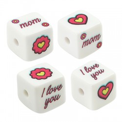 Acrylic Bead Cube "love mom" with Heart & Flower 15.5mm Ø3mm