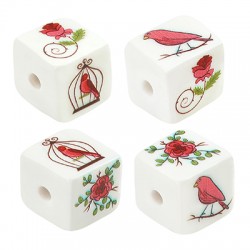 Acrylic Bead Cube with Cage Bird & Flower Rose 15.5mm Ø3mm