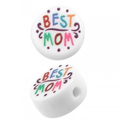 Acrylic Bead Round Flat "BEST MOM" 13mm/6mm Ø2.5mm