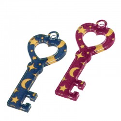Colgante de Acrílico Plexi con Forma de Llave y Corazón con Estrellas y Luna 18 x 43 mmφ
