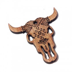 Pendentif Tête de Taureau en Bois avec Dessins 50x52mm (grosseur 3,5mm)