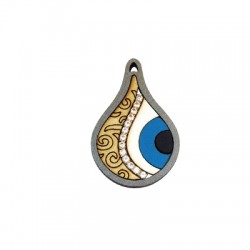 Pendentif goutte en Bois 27x40mm avec œil porte-bonheur et chaîne strassée