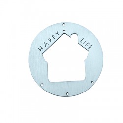 Pendentif rond en bois « Happy LIFE » avec Maison et 5 Cercles 90 mm