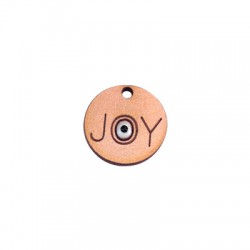 Pendentif rond en Bois 20mm avec inscription "JOY" et œil porte-bonheur
