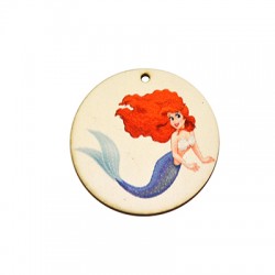Pendentif rond en bois Peint avec Sirène 44 mm