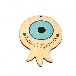 Pendentif en bois œil de Grenade « Καλή Χρονιά » Trèfle à Quatre Feuilles 62 x 80 mm
