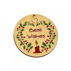 Pendentif rond en bois « Meilleurs vœux » avec gui 75 mm