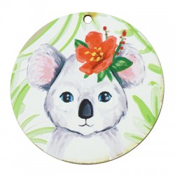 Pendentif rond en bois Koala avec Fleur 48 mm