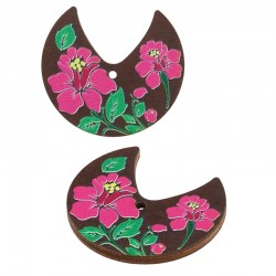 Breloque en bois Demi-Cercle avec Fleur et Feuille 28 x 26 mm
