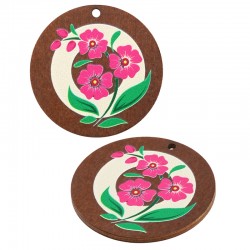 Pendentif rond en bois avec Fleur et Feuille 40 mm