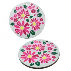 Ciondolo Rotondo in Legno con Fiore e Foglia 54 mm