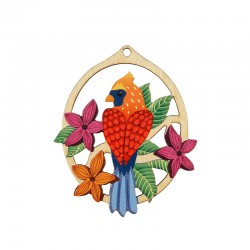 Pendentif Ovale en bois avec Oiseau et Fleurs 52 x 63 mm