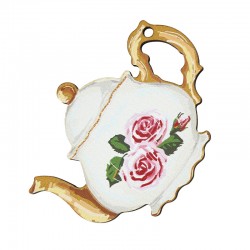 Pendentif en bois en Forme de Théière avec des Roses 70 x 53 mm