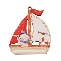Pendentif en bois en Forme de Bateau avec ours et Oiseau 55 x 65 mm