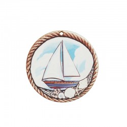 Pendentif rond en bois avec Bateau et Coquillages 60 mm