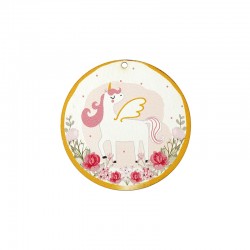 Pendentif rond en bois avec Licorne et Fleurs 70 mm