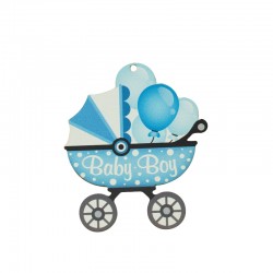 Pendentif en bois Poussette « Baby Boy » avec Ballons 69 x 80 mm