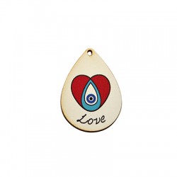 Pendentif en bois en Forme de Larme « Love » avec cœur et œil Maléfique 32 x 45 mm