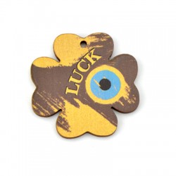 Wooden Pendant Four Leaf Clover "LUCK" with Evil Eye 45mm