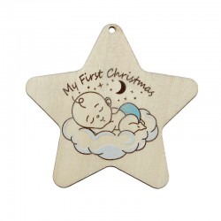 Colgante de Madera con Estrella «Primera Navidad» con Niño 72 x 68 mm