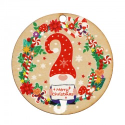 Pendentif rond en bois « Joyeux Noël » avec nain et Bonbons 47 mm