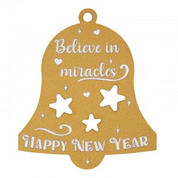 Pendentif en bois en Forme de Cloche « Happy NEW YEAR » avec Étoiles 63 x 77 mm